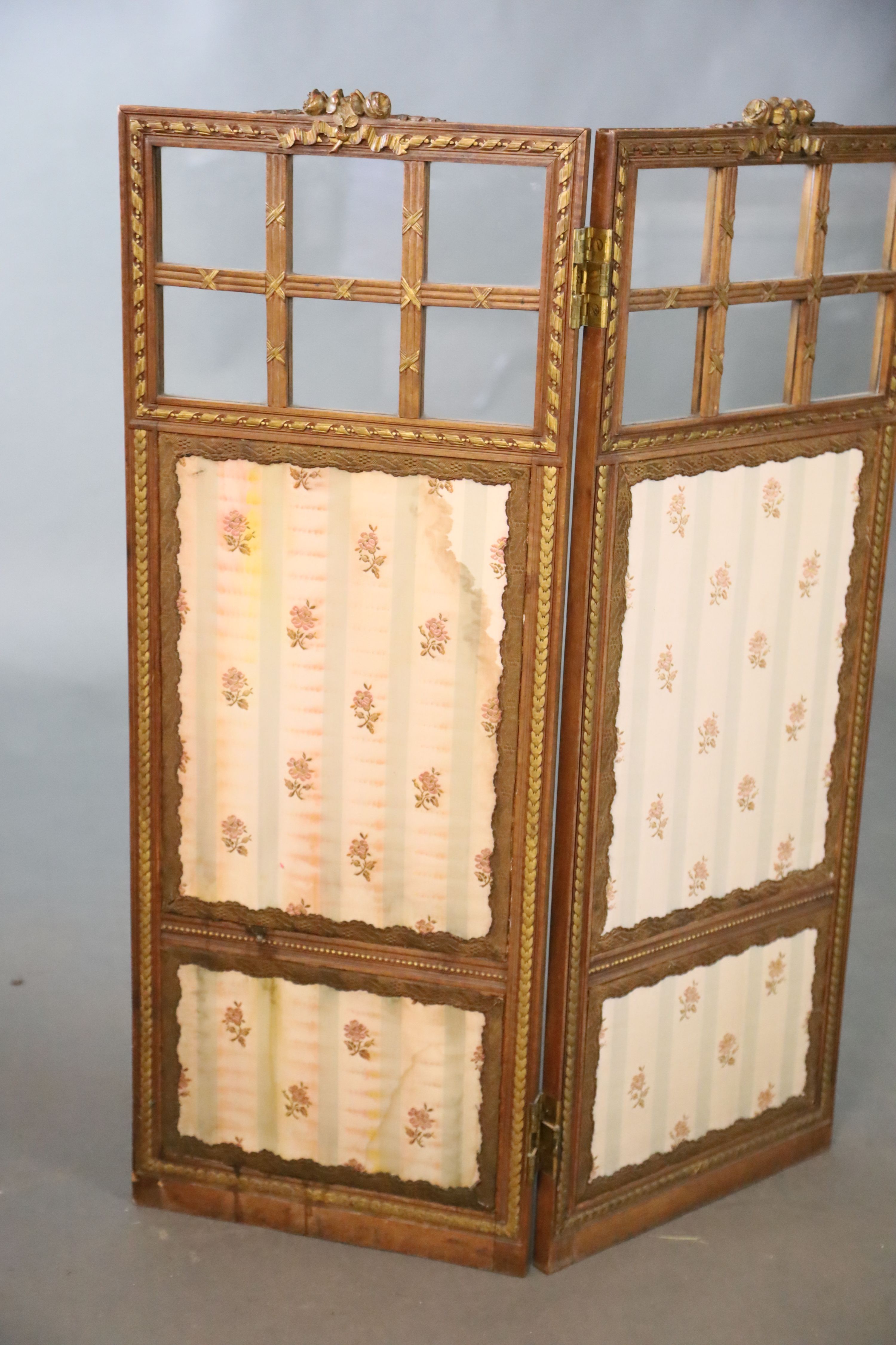 An Edwardian parcel gilt walnut dwarf two fold screen, W.35.5cm H.96.5cm